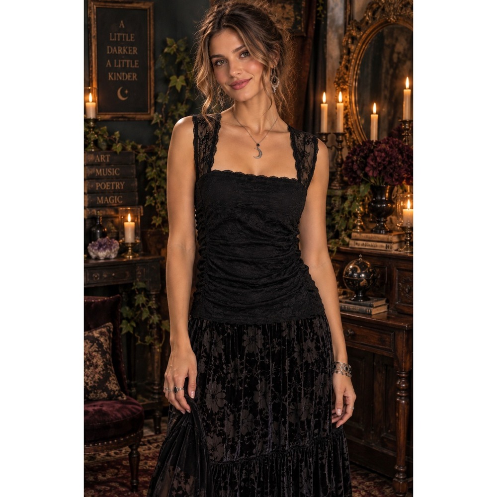 NWT!! ABERCROMBIE & FITCH Black Lace Ruched Sleeveless Top Whimsigoth Y2K Small